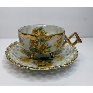 Vintage 3 Footed Napco China Tea Cup/Saucer  Gold Trim Yellow Flowers